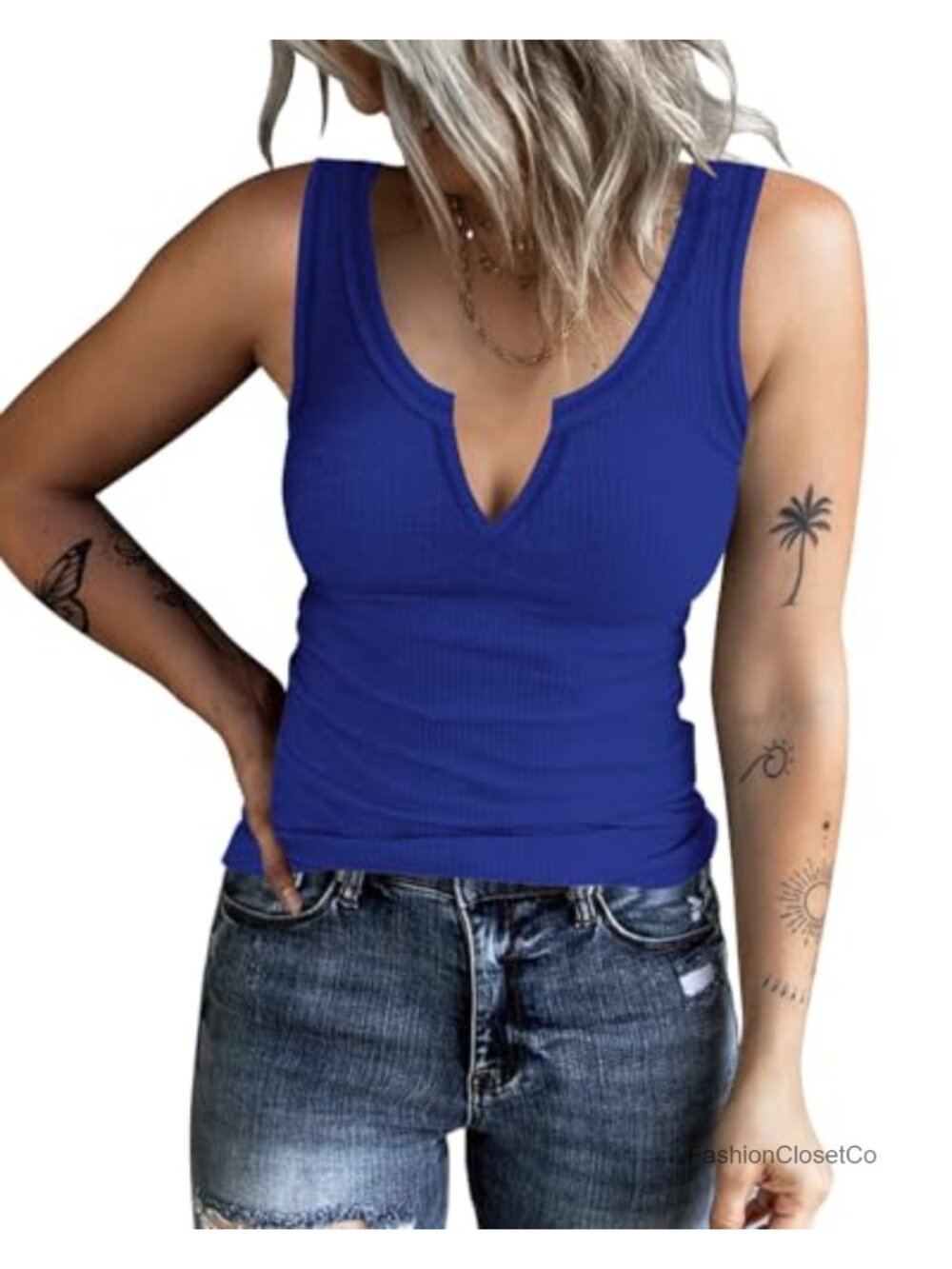 Women's Ribbed V-Neck Sleeveless Slim Fit Basic Cami Tank Top